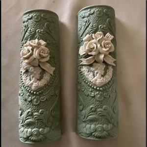 Wedgewood (faux ) green porcelain wall mount vases